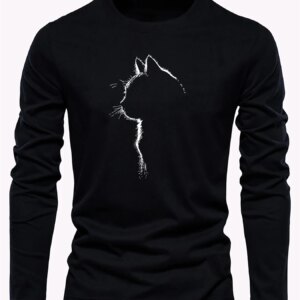 Men's 100% pure cotton loose and comfortable sports and leisure cat pattern printed round neck long sleeved T-shirt top