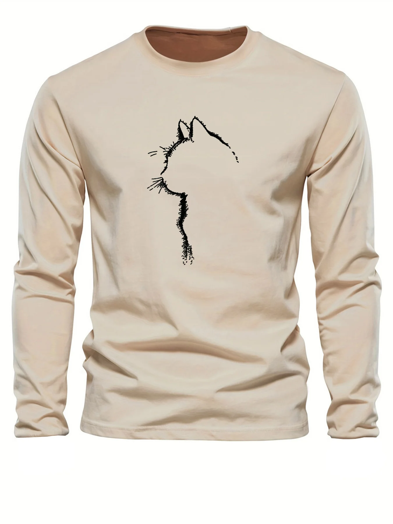 Men's 100% pure cotton loose and comfortable sports and leisure cat pattern printed round neck long sleeved T-shirt top Men's 100% pure cotton loose and comfortable sports and leisure cat pattern printed round neck long sleeved T-shirt top