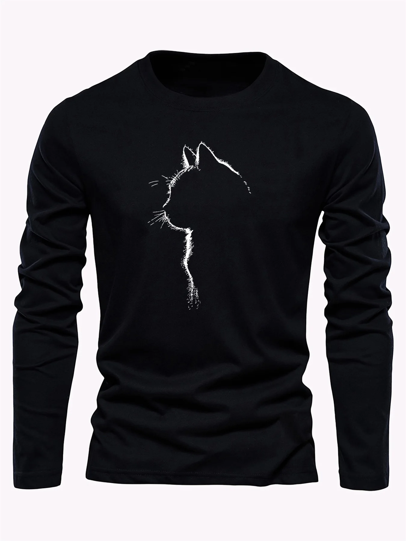 Men's 100% pure cotton loose and comfortable sports and leisure cat pattern printed round neck long sleeved T-shirt top Men's 100% pure cotton loose and comfortable sports and leisure cat pattern printed round neck long sleeved T-shirt top