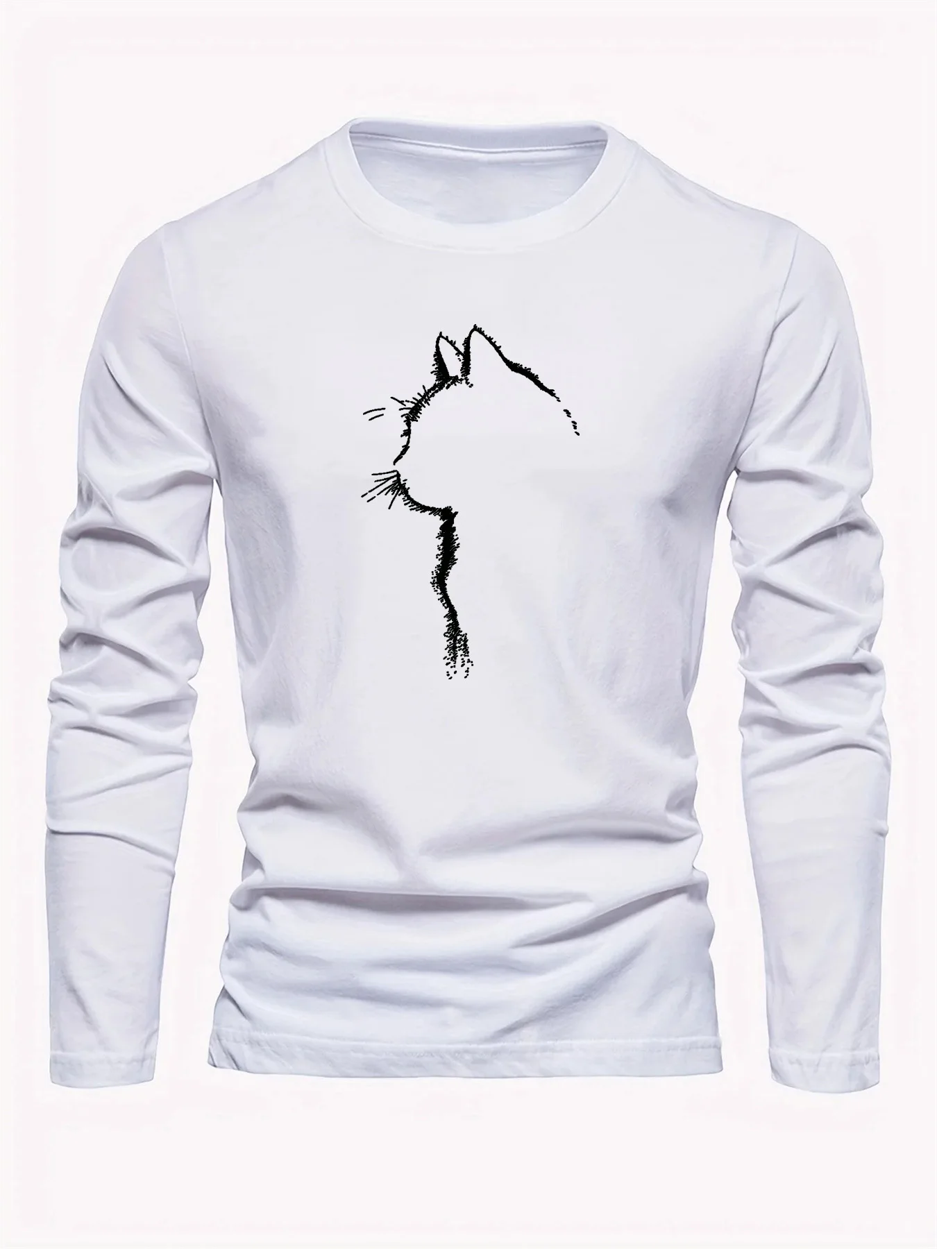 Men's 100% pure cotton loose and comfortable sports and leisure cat pattern printed round neck long sleeved T-shirt top