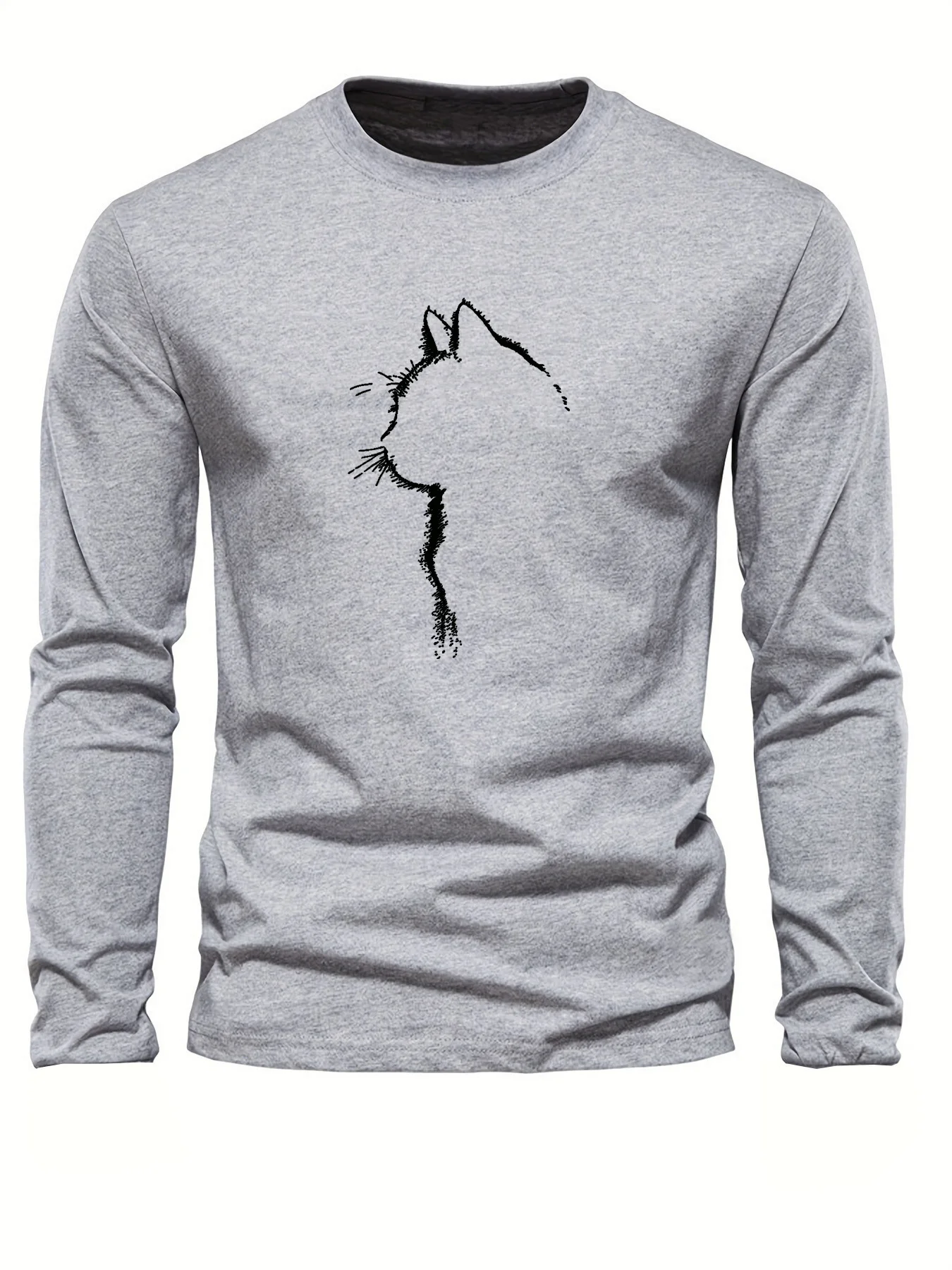 Men's 100% pure cotton loose and comfortable sports and leisure cat pattern printed round neck long sleeved T-shirt top