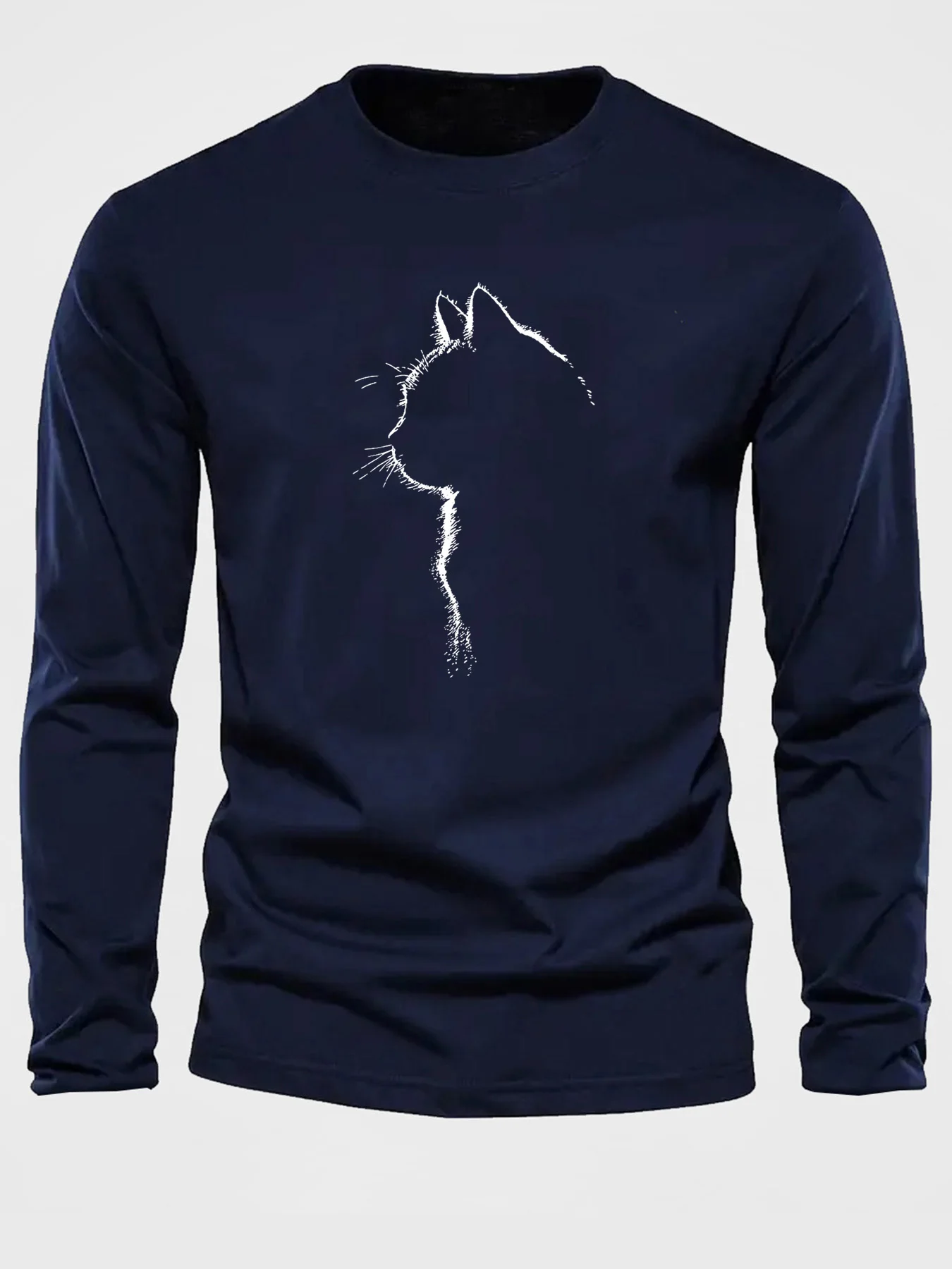 Men's 100% pure cotton loose and comfortable sports and leisure cat pattern printed round neck long sleeved T-shirt top
