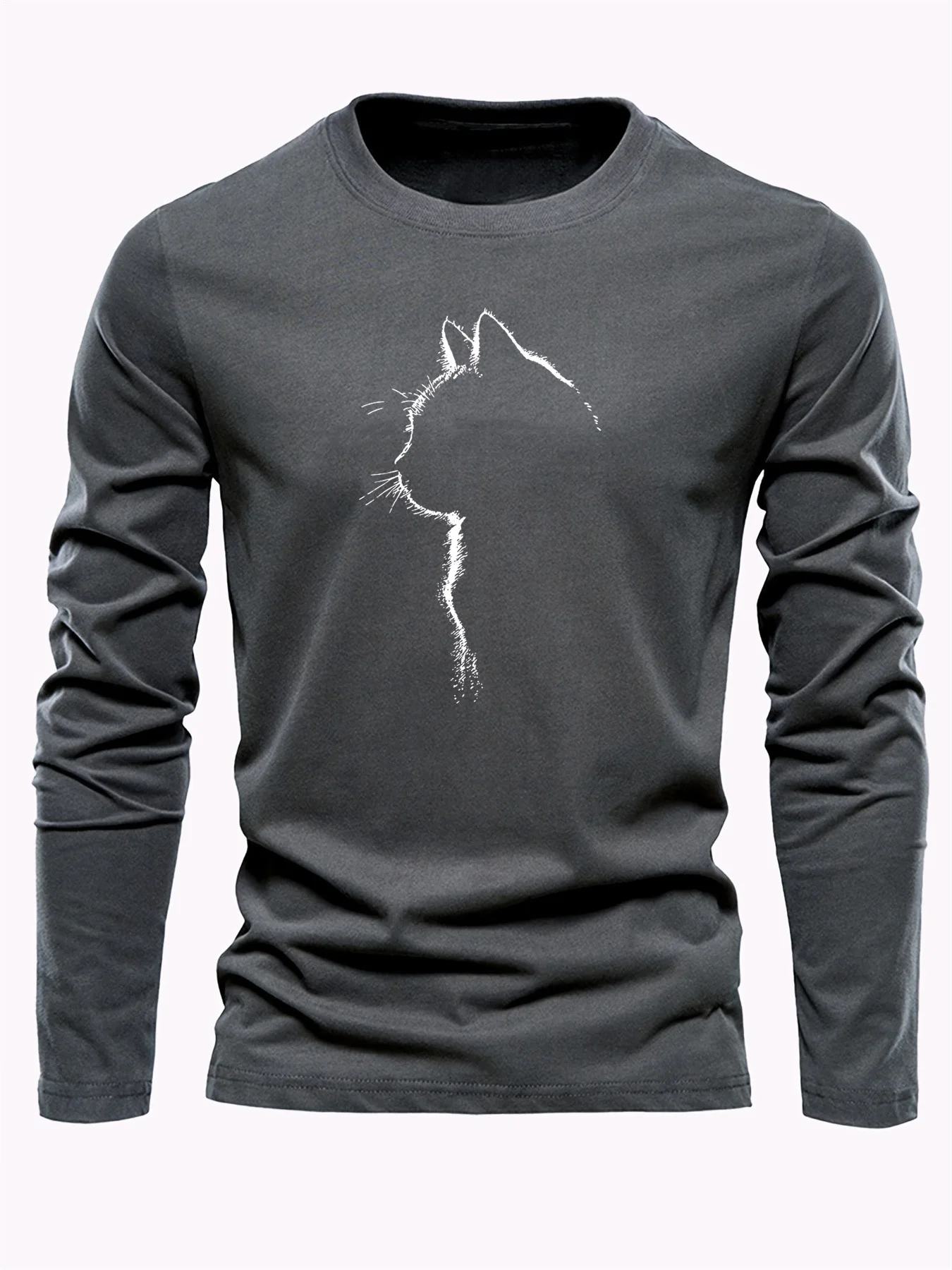 Men's 100% pure cotton loose and comfortable sports and leisure cat pattern printed round neck long sleeved T-shirt top Men's 100% pure cotton loose and comfortable sports and leisure cat pattern printed round neck long sleeved T-shirt top