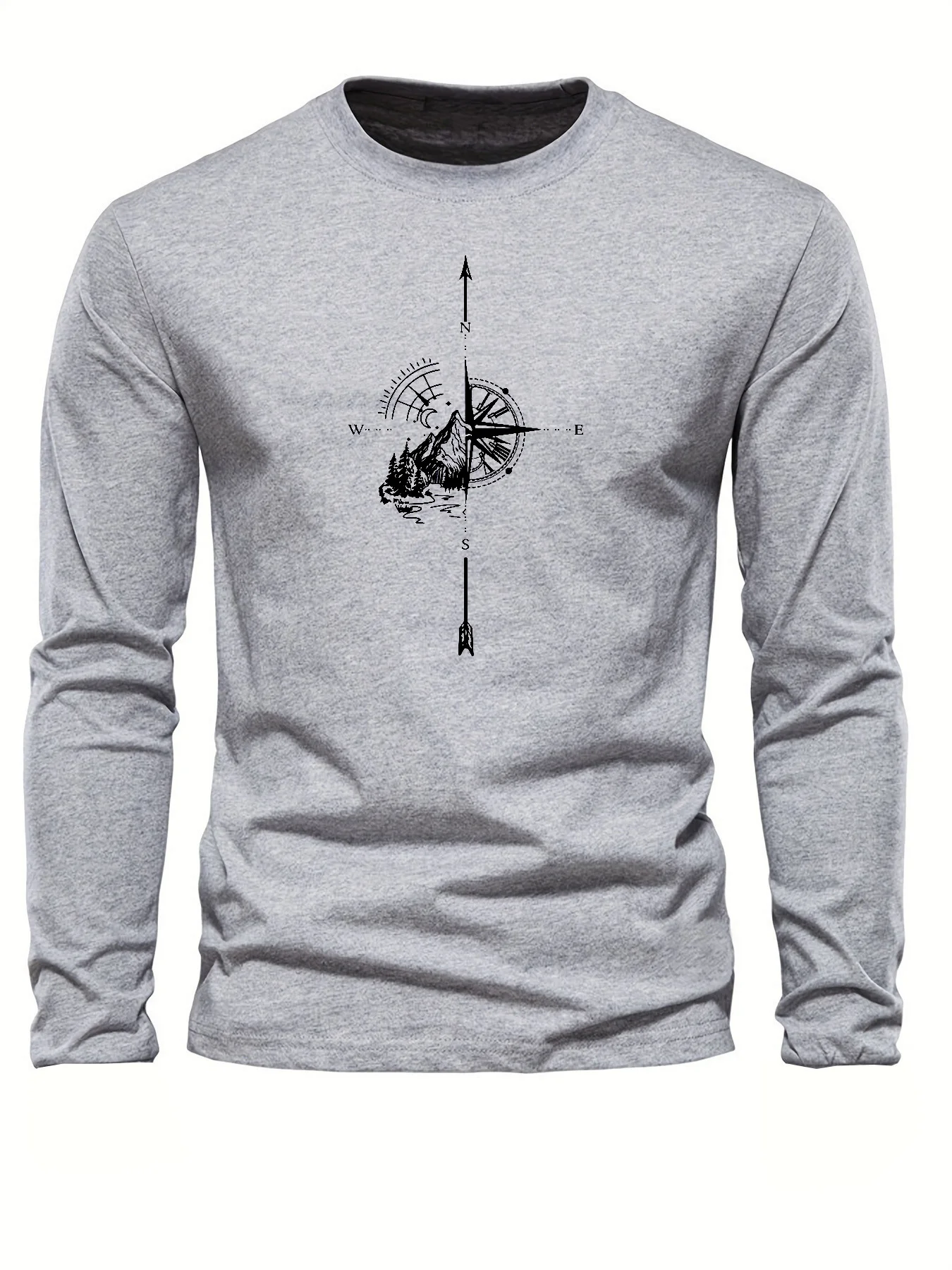 Men's 100% pure cotton loose fit comfortable sports and leisure mountain compass pattern printed round neck long sleeved T-shirt Men's 100% pure cotton loose fit comfortable sports and leisure mountain compass pattern printed round neck long sleeved T-shirt