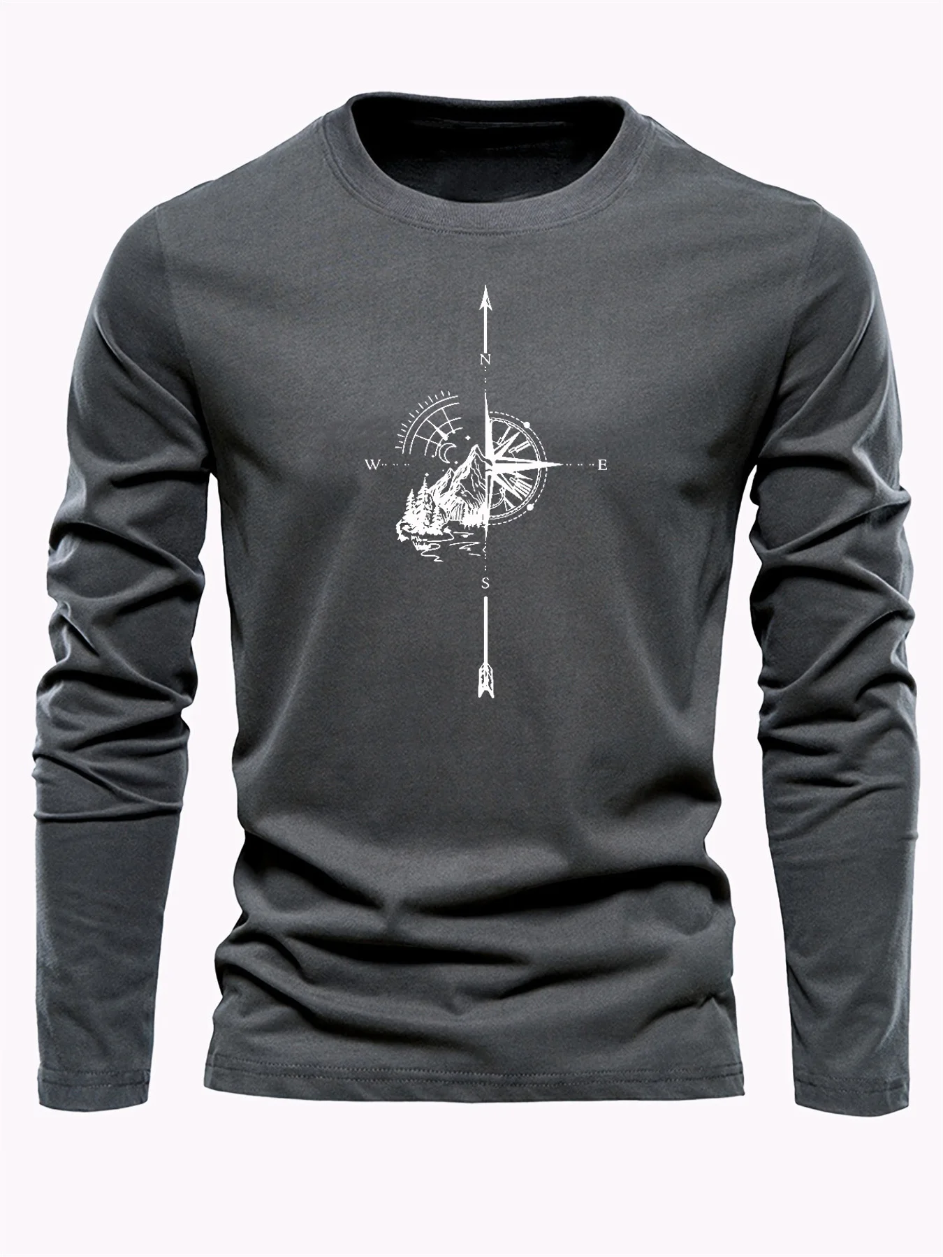 Men's 100% pure cotton loose fit comfortable sports and leisure mountain compass pattern printed round neck long sleeved T-shirt