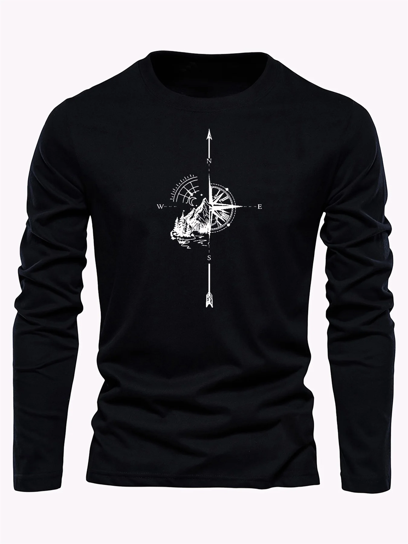 Men's 100% pure cotton loose fit comfortable sports and leisure mountain compass pattern printed round neck long sleeved T-shirt Men's 100% pure cotton loose fit comfortable sports and leisure mountain compass pattern printed round neck long sleeved T-shirt