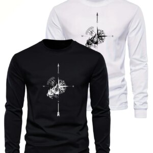 Men's 100% pure cotton loose fit comfortable sports and leisure mountain compass pattern printed round neck long sleeved T-shirt
