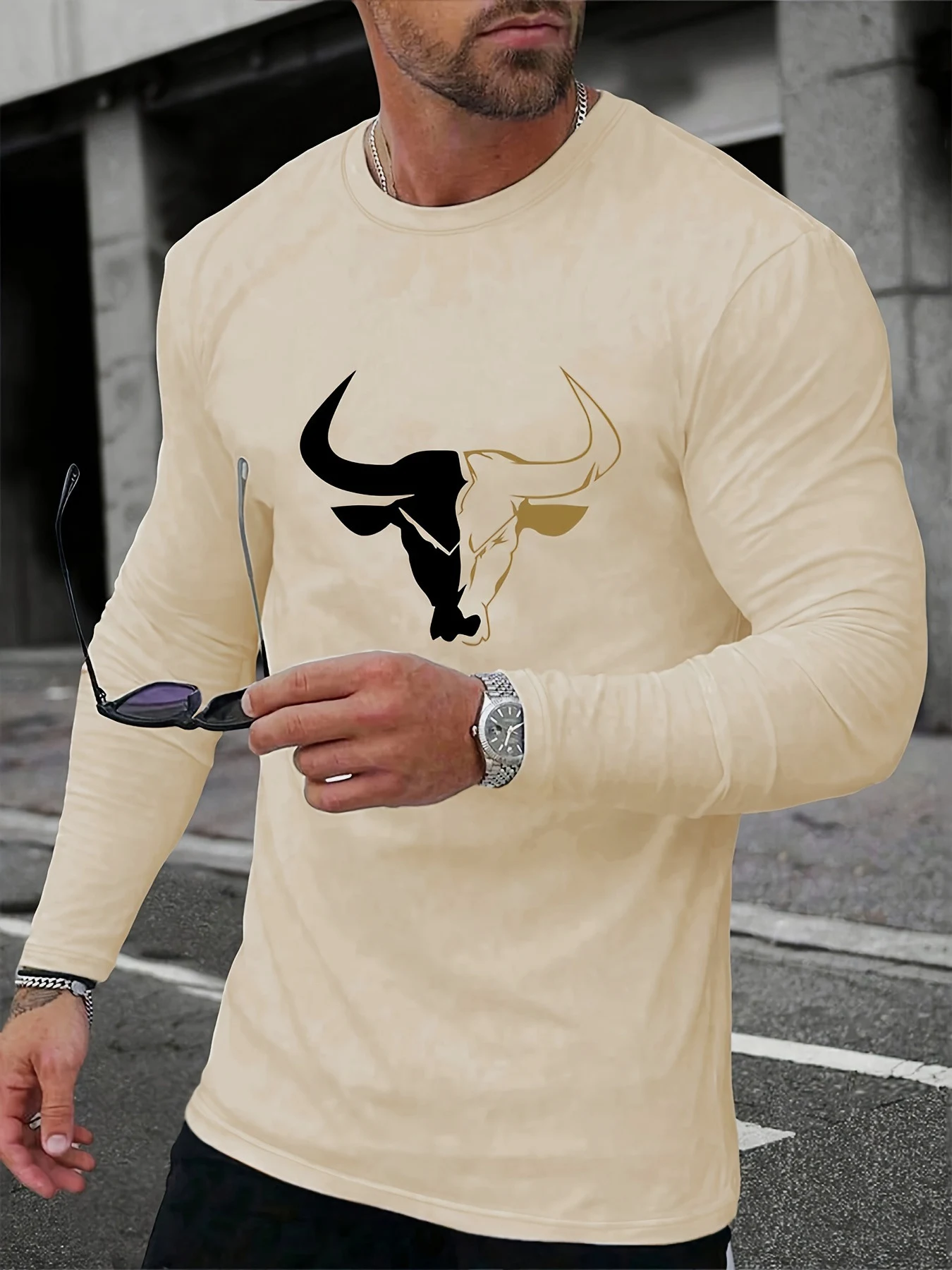 Men's 100% pure cotton loose fit plus size comfortable casual sports bull pattern printed round neck long sleeved T-shirt top