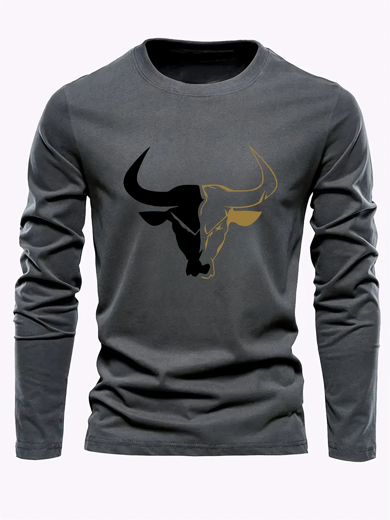Men's 100% pure cotton loose fit plus size comfortable casual sports bull pattern printed round neck long sleeved T-shirt top