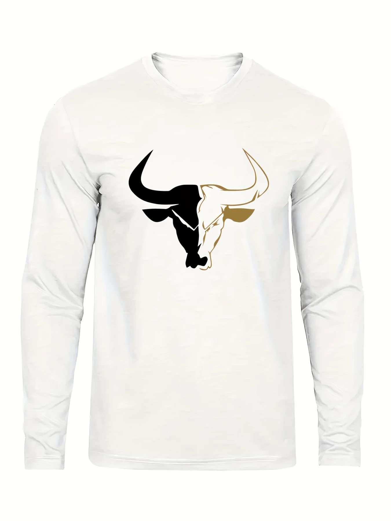 Men's 100% pure cotton loose fit plus size comfortable casual sports bull pattern printed round neck long sleeved T-shirt top