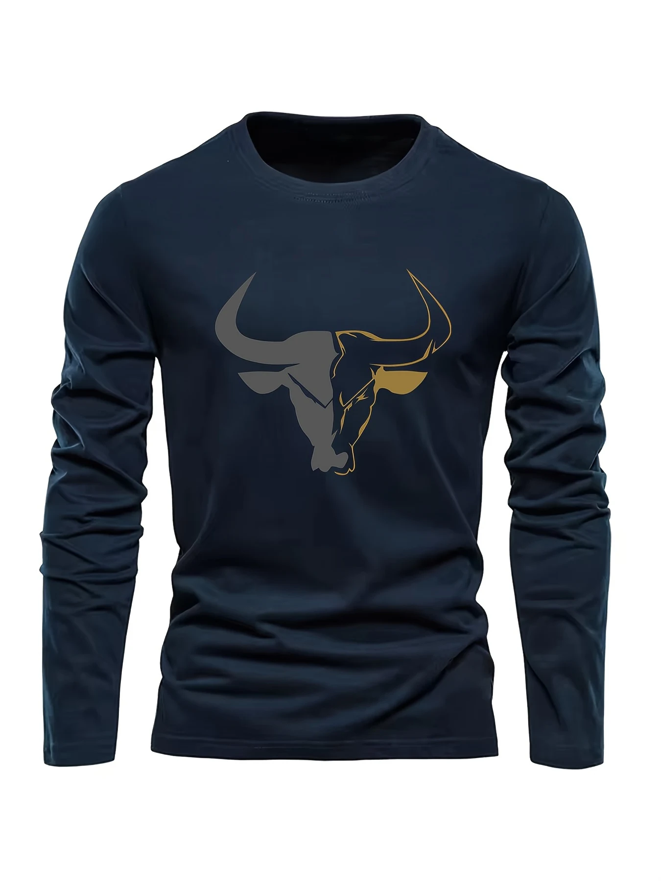 Men's 100% pure cotton loose fit plus size comfortable casual sports bull pattern printed round neck long sleeved T-shirt top