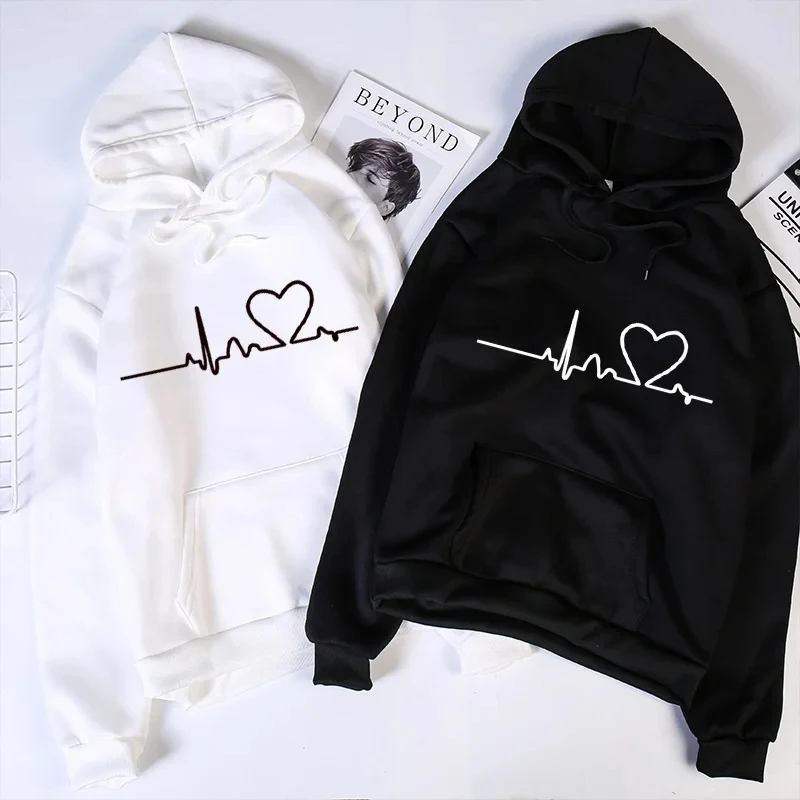2025 New Women's Casual Hoodie Autumn/winter Heartbeat Print Men's Loose Hoodie Couple Sweatshirt Women's Hoodie Top Streetwear