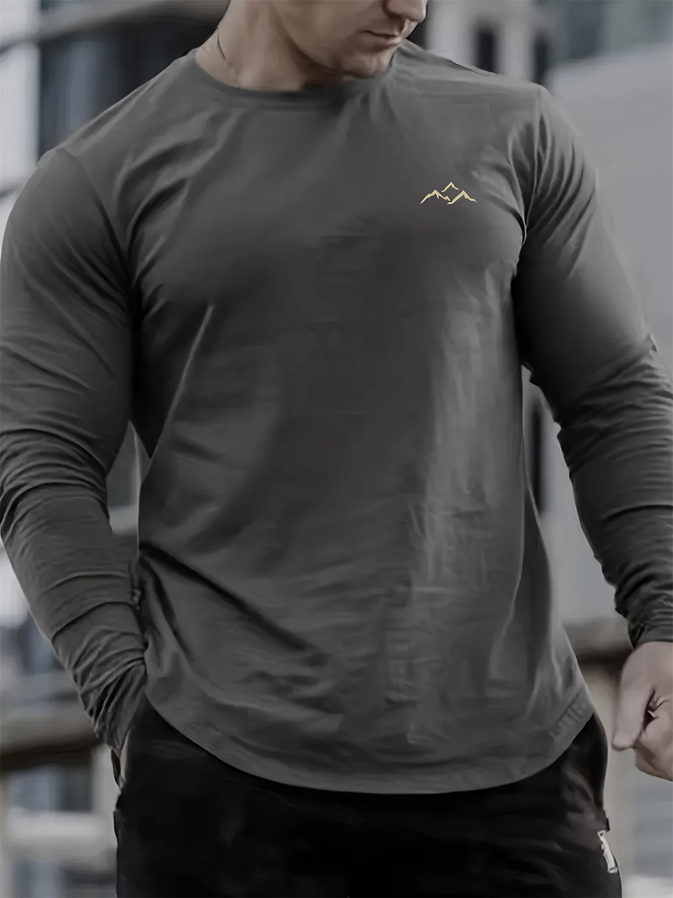 Men's 100% pure cotton loose fit plus size comfortable casual sports mountain pattern printed round neck long sleeved T-shirt