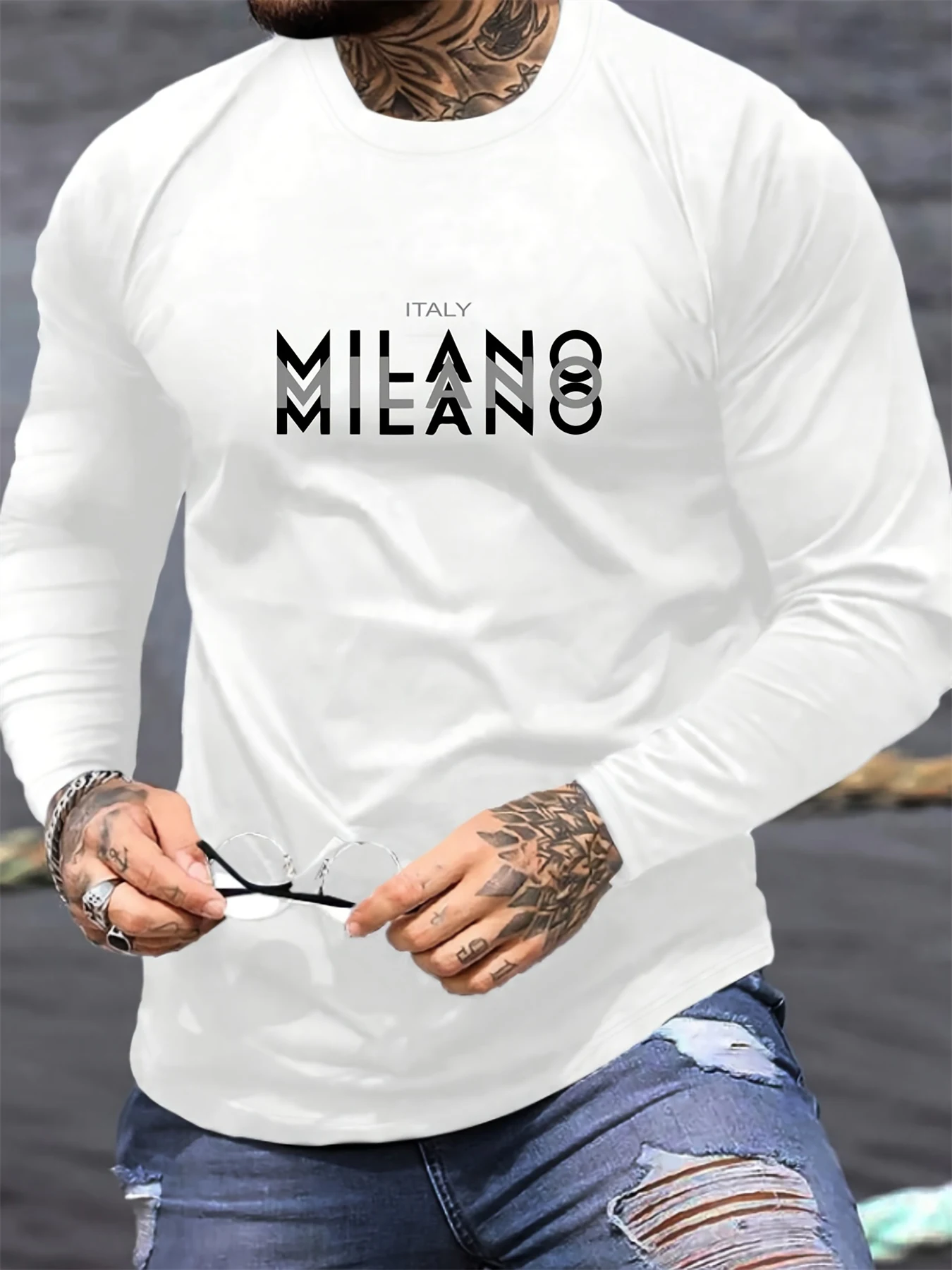 Men's 100% pure cotton loose fit plus size comfortable casual sports mountain pattern printed round neck long sleeved T-shirt