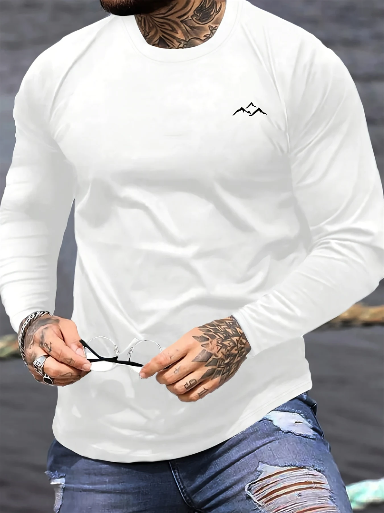 Men's 100% pure cotton loose fit plus size comfortable casual sports mountain pattern printed round neck long sleeved T-shirt