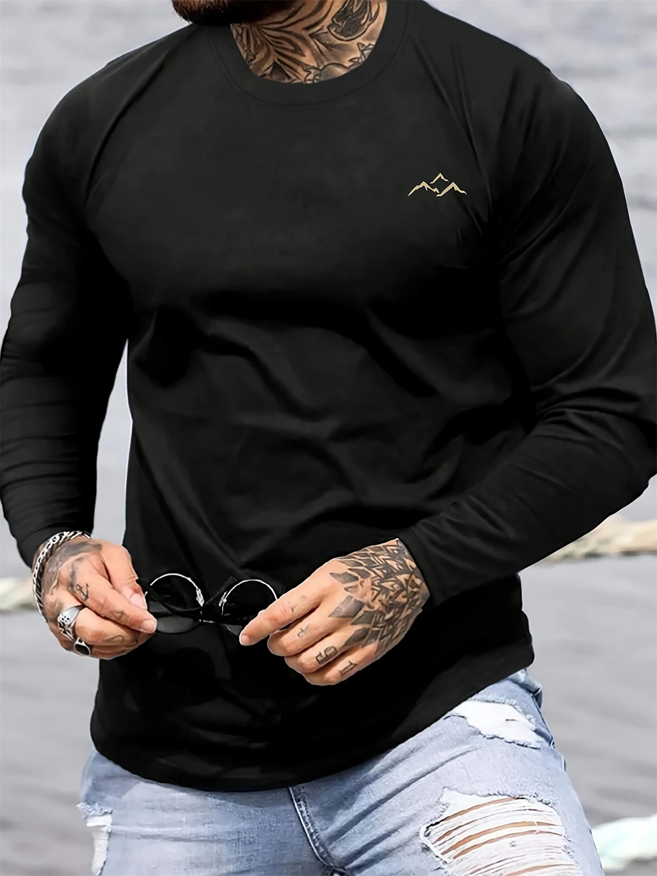 Men's 100% pure cotton loose fit plus size comfortable casual sports mountain pattern printed round neck long sleeved T-shirt