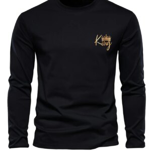 Men's 100% pure cotton comfortable sports casual loose oversized king print breathable round neck long sleeved T-shirt top