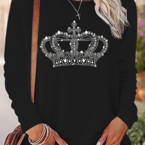 Crown Print T shirt Long Sleeve Crew Neck Autumn winter top women's long sleeved T-shirt loose comfortable black