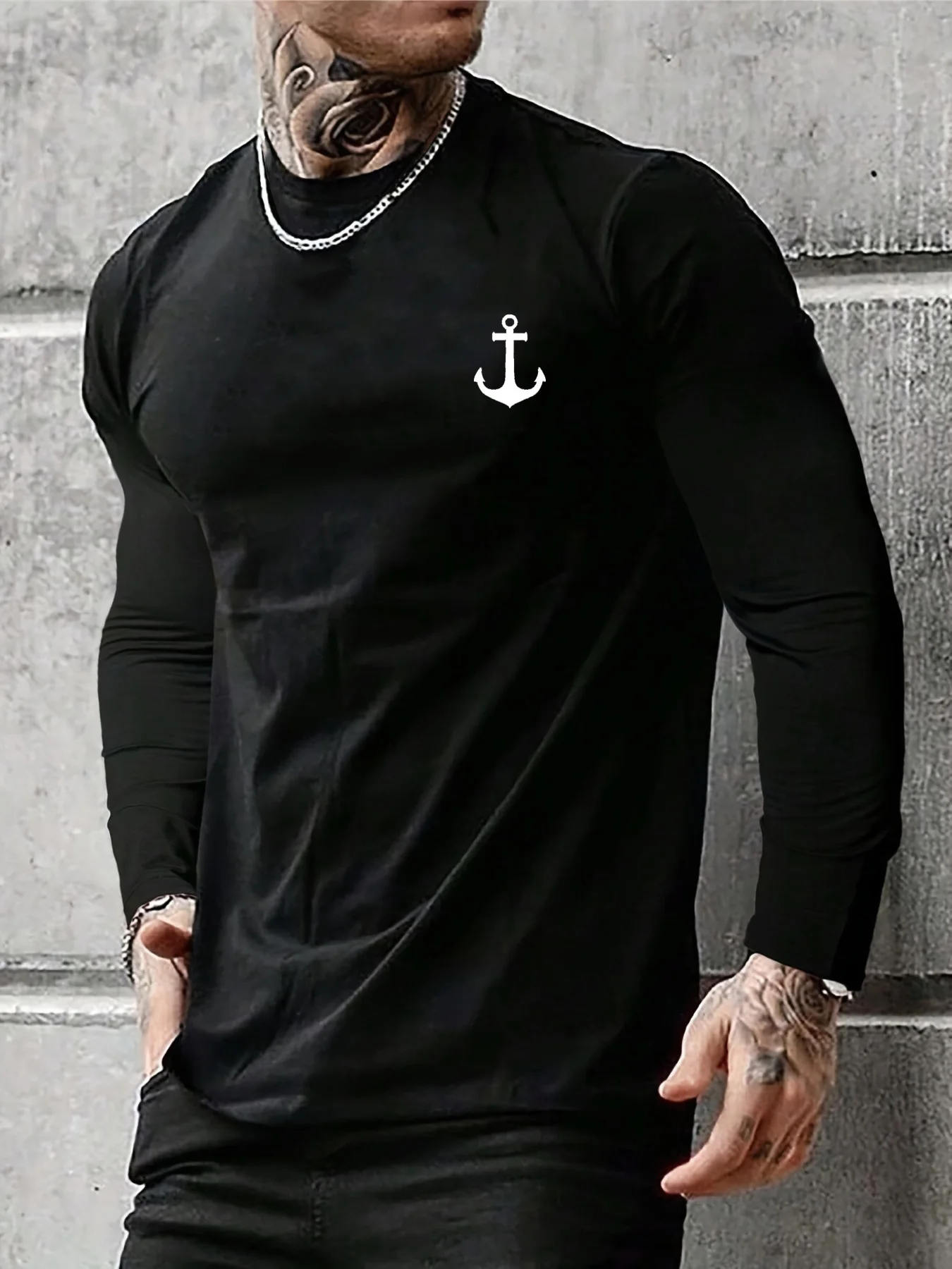 Men's 100% pure cotton loose fit comfortable sports and leisure boat anchor pattern printed round neck long sleeved T-shirt top