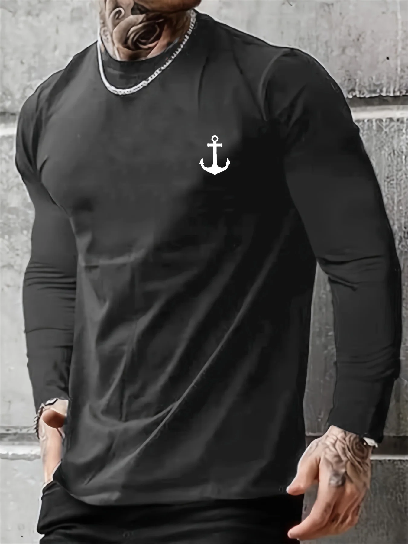 Men's 100% pure cotton loose fit comfortable sports and leisure boat anchor pattern printed round neck long sleeved T-shirt top