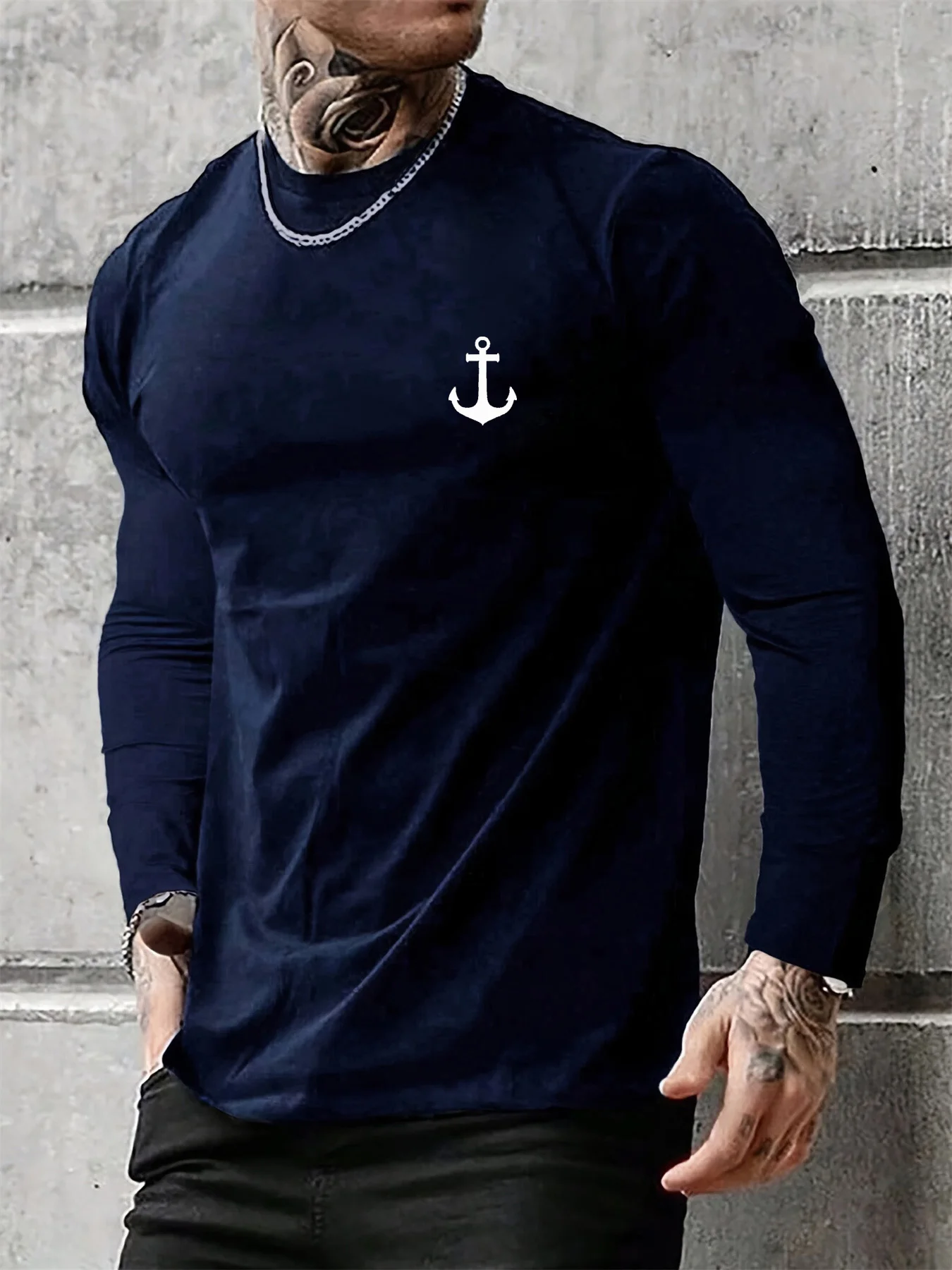 Men's 100% pure cotton loose fit comfortable sports and leisure boat anchor pattern printed round neck long sleeved T-shirt top