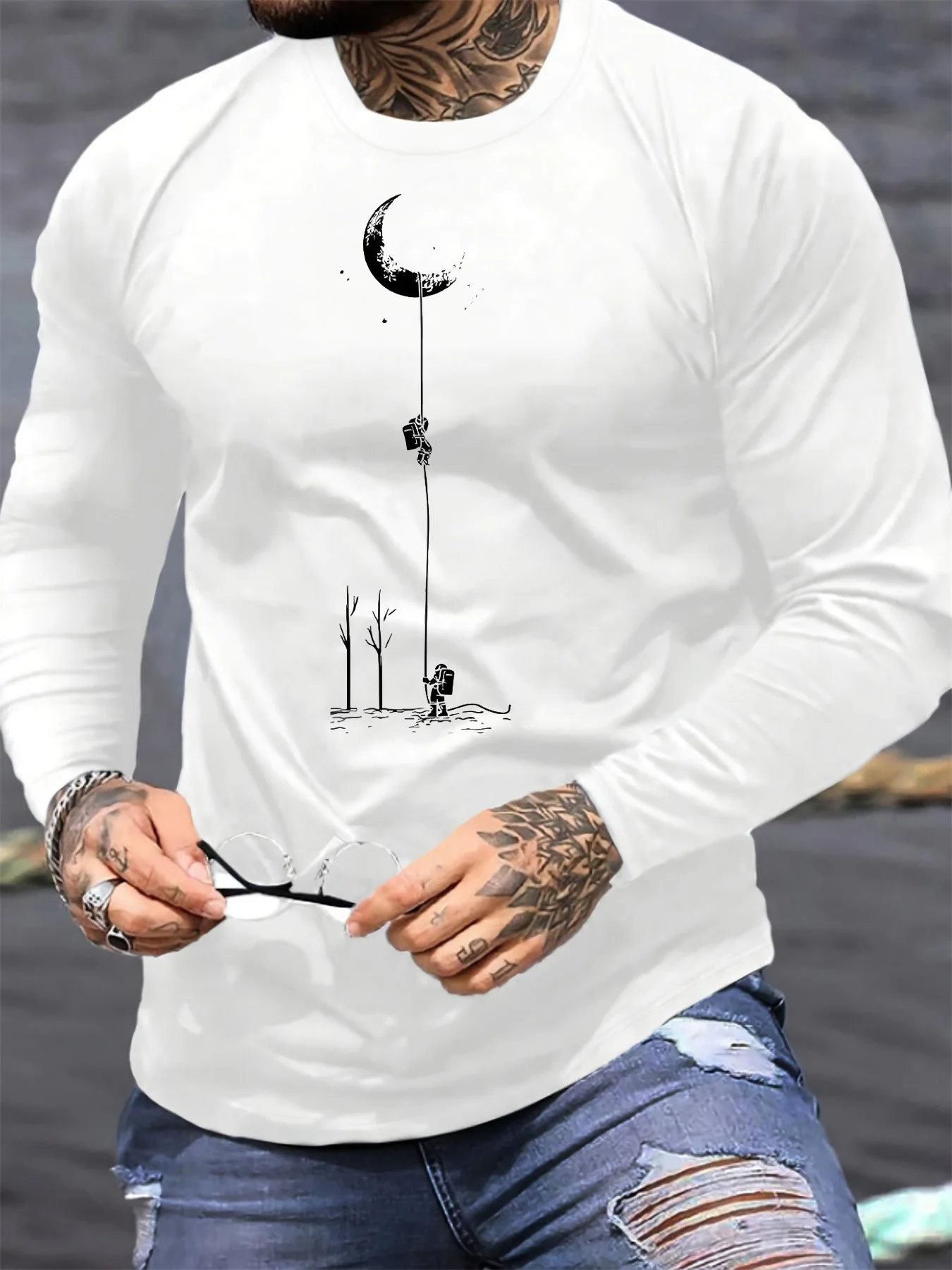 Men's 100% pure cotton loose fit comfortable casual sports landing moon pattern printed round neck long sleeved T-shirt top