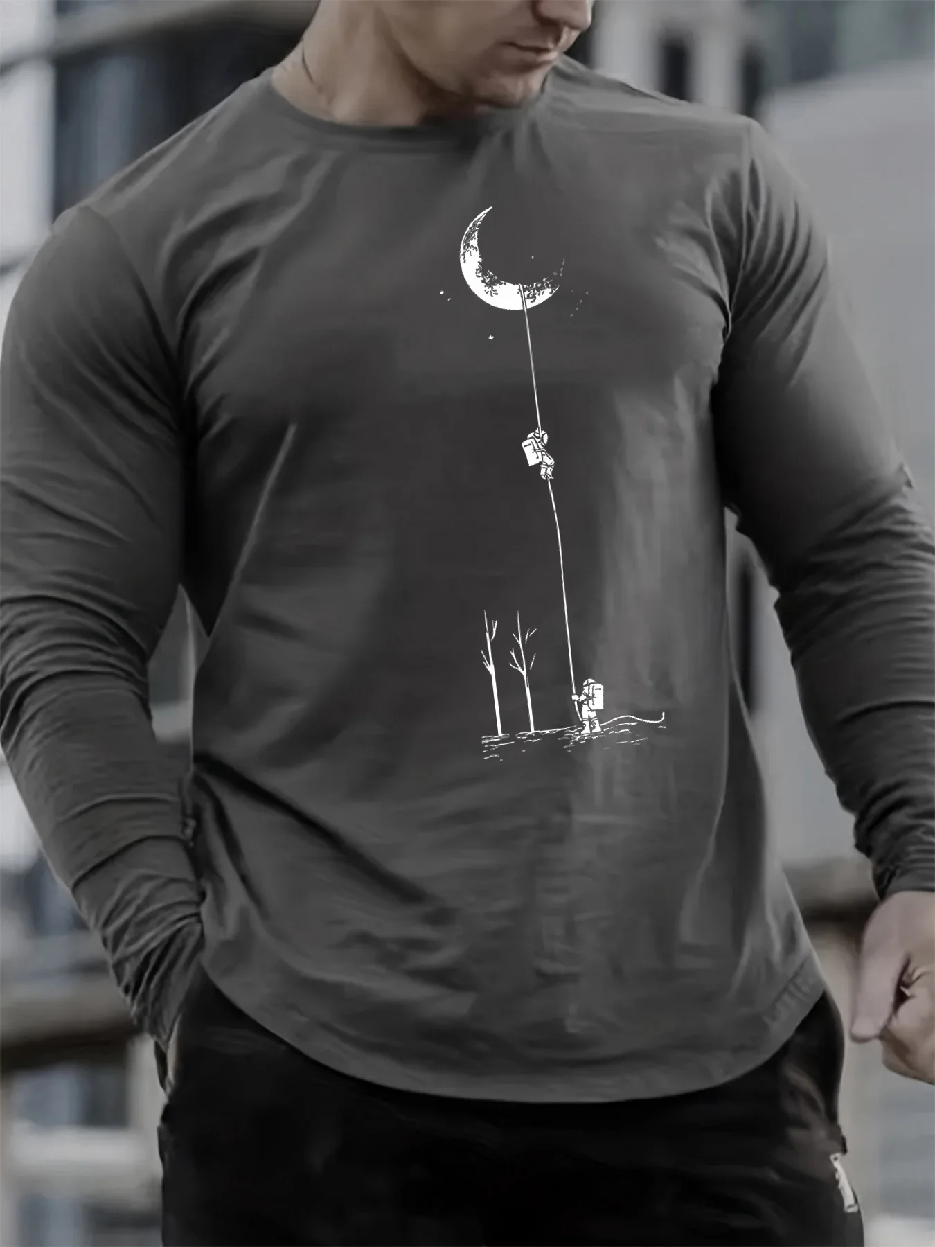 Men's 100% pure cotton loose fit comfortable casual sports landing moon pattern printed round neck long sleeved T-shirt top