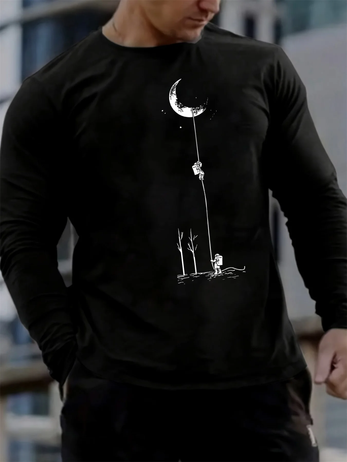 Men's 100% pure cotton loose fit comfortable casual sports landing moon pattern printed round neck long sleeved T-shirt top