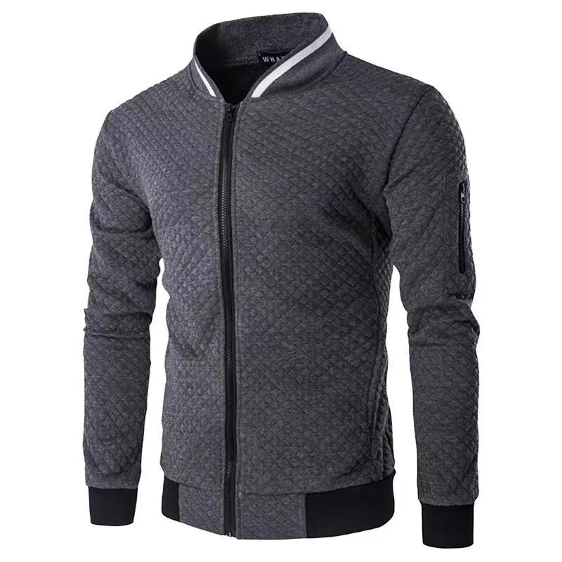 2024 autumn/winter men's diamond grid contrasting long sleeved slim fit jacket casual zipper stand up collar sports top