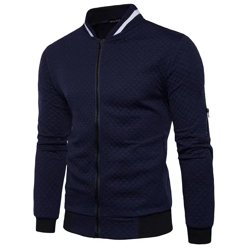 2024 autumn/winter men's diamond grid contrasting long sleeved slim fit jacket casual zipper stand up collar sports top