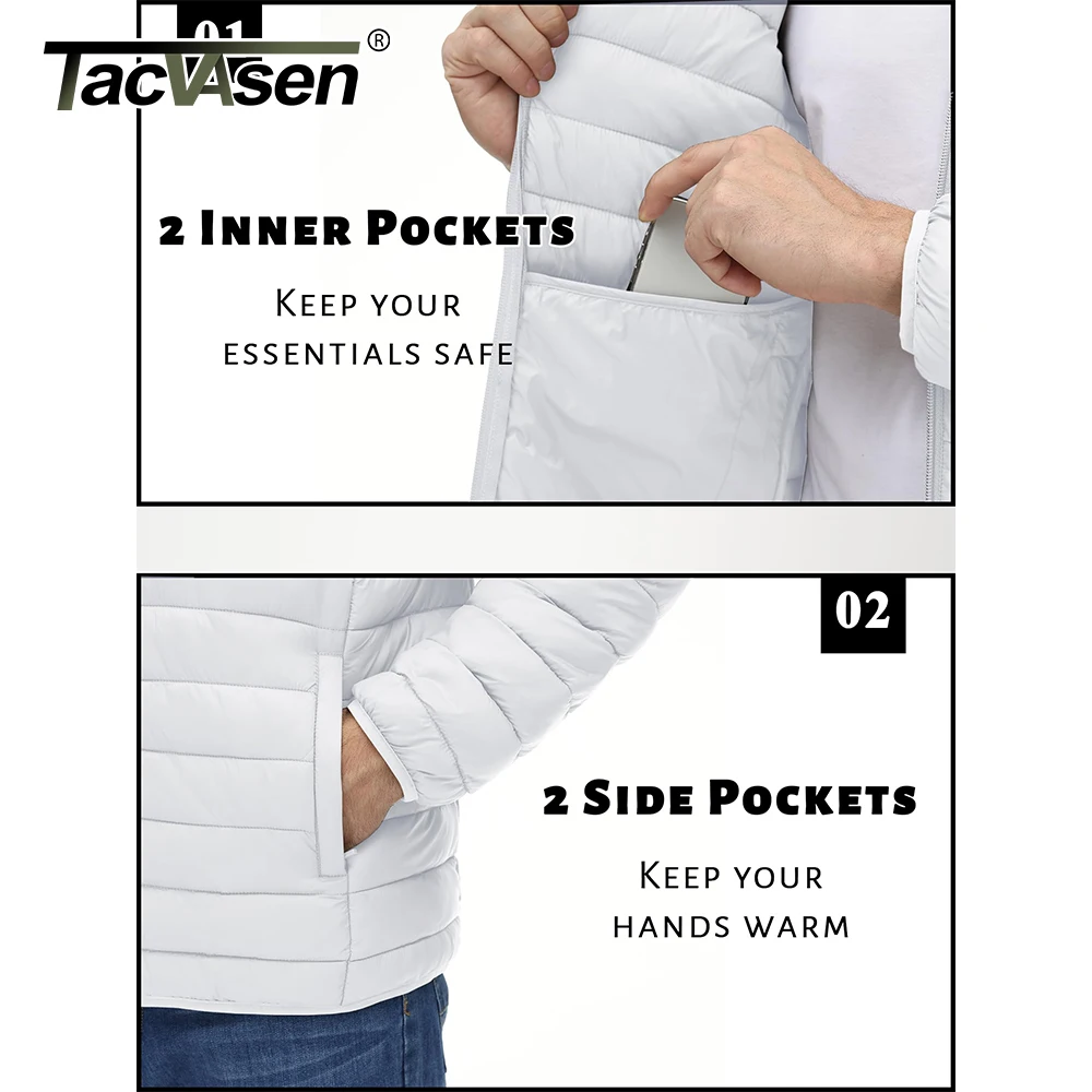 TACVASEN Men's Lightweight Puffer Jacket Stand Collar Full Zip Up Warmth Waterproof Jackets Work Outdoor Windbreaker
