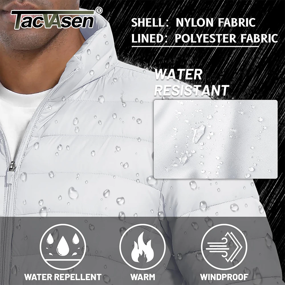 TACVASEN Men's Lightweight Puffer Jacket Stand Collar Full Zip Up Warmth Waterproof Jackets Work Outdoor Windbreaker