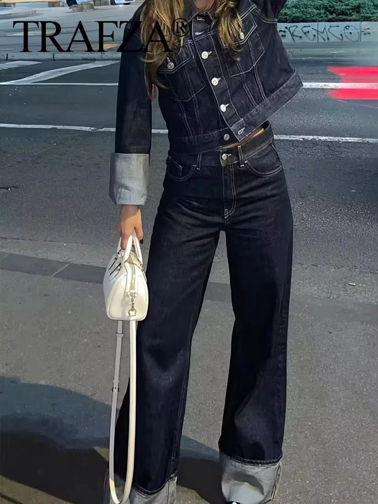 TRAFZA 2024 Autumn Female Vintage Denim Suit Long Sleeve Single Breasted Lapel Coat+High Waist Wide Leg Jeans Street Fashion Set