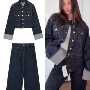 TRAFZA 2024 Autumn Female Vintage Denim Suit Long Sleeve Single Breasted Lapel Coat+High Waist Wide Leg Jeans Street Fashion Set