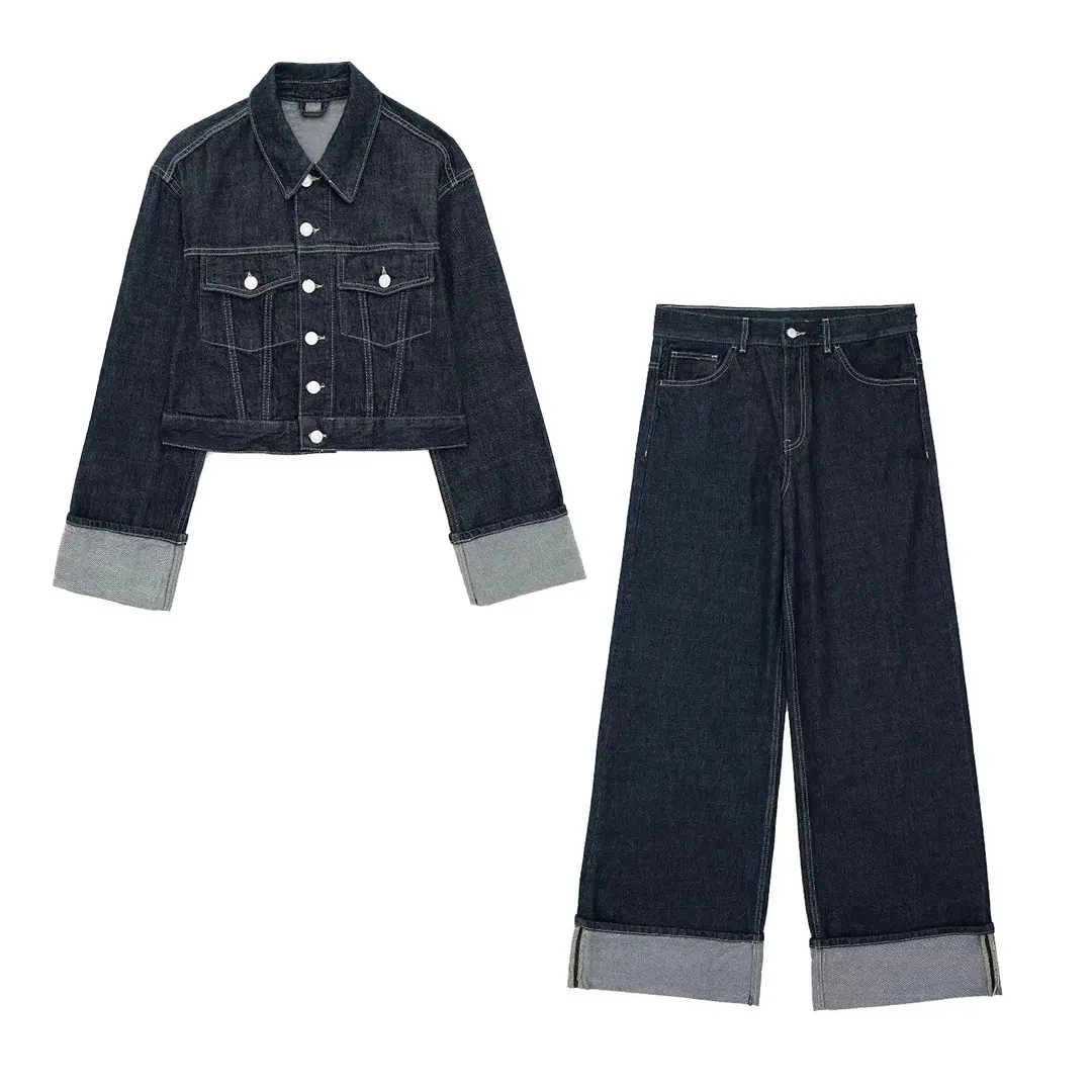 TRAFZA 2024 Autumn Female Vintage Denim Suit Long Sleeve Single Breasted Lapel Coat+High Waist Wide Leg Jeans Street Fashion Set TRAFZA 2024 Autumn Female Vintage Denim Suit Long Sleeve Single Breasted Lapel Coat+High Waist Wide Leg Jeans Street Fashion Set