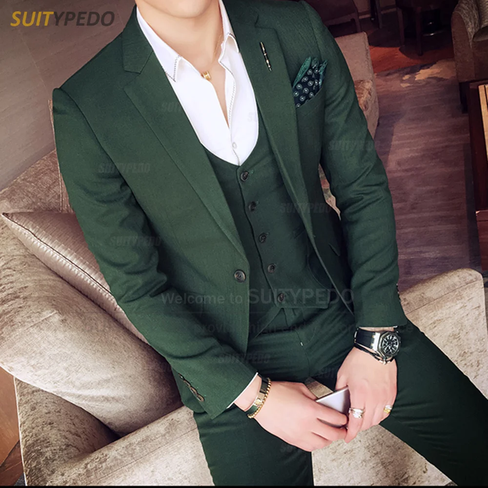 Smart Casual Suit Set For Men Formal Green Solid Notch Lapel Blazer Vest  And Pants 3 Pieces Costume Hommes Formal Occasions