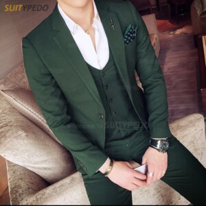 Smart Casual Suit Set For Men Formal Green Solid Notch Lapel Blazer Vest  And Pants 3 Pieces Costume Hommes Formal Occasions