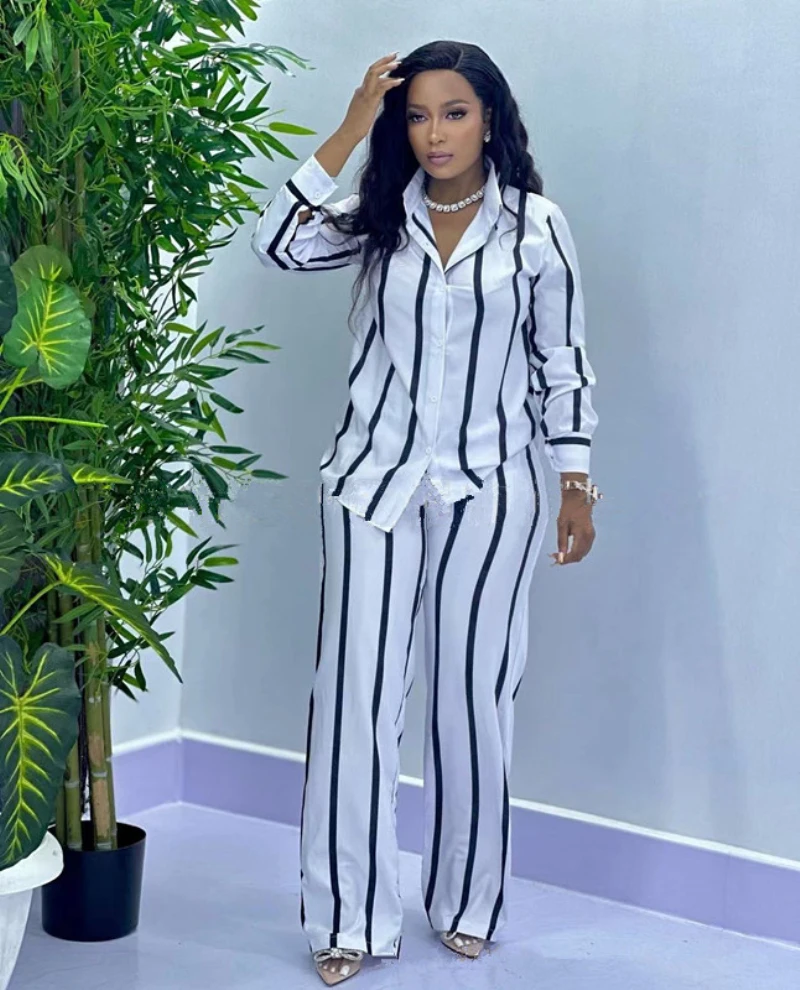 African Fashion Stripe Two Piece Set Women Spring Autumn Casual Button Long Sleeved Shirt Wide Leg Pants Two Piece Set Women African Fashion Stripe Two Piece Set Women Spring Autumn Casual Button Long Sleeved Shirt Wide Leg Pants Two Piece Set Women