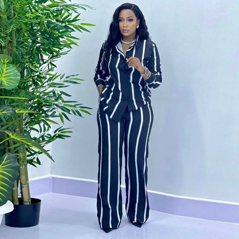 African Fashion Stripe Two Piece Set Women Spring Autumn Casual Button Long Sleeved Shirt Wide Leg Pants Two Piece Set Women African Fashion Stripe Two Piece Set Women Spring Autumn Casual Button Long Sleeved Shirt Wide Leg Pants Two Piece Set Women