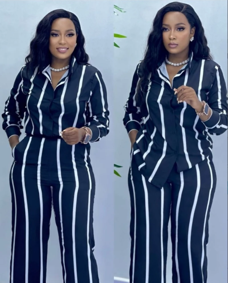 African Fashion Stripe Two Piece Set Women Spring Autumn Casual Button Long Sleeved Shirt Wide Leg Pants Two Piece Set Women African Fashion Stripe Two Piece Set Women Spring Autumn Casual Button Long Sleeved Shirt Wide Leg Pants Two Piece Set Women