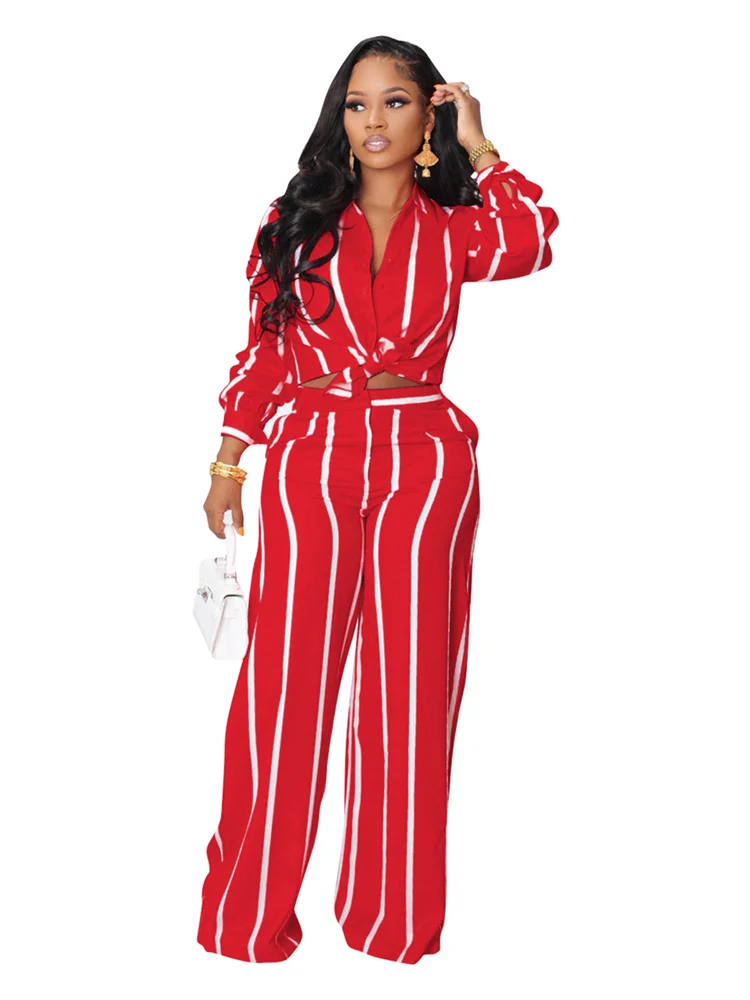 Wmstar Elegant Fashoin Striped Two Piece Set for Women Long Sleeve Shirt Top + Wide Leg Pants Suits Office Matching Sets Outfits