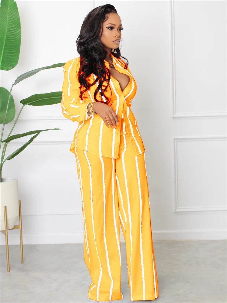 Wmstar Elegant Fashoin Striped Two Piece Set for Women Long Sleeve Shirt Top + Wide Leg Pants Suits Office Matching Sets Outfits