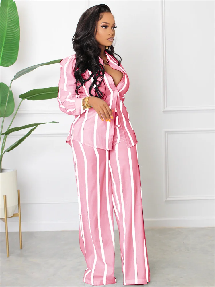 Wmstar Elegant Fashoin Striped Two Piece Set for Women Long Sleeve Shirt Top + Wide Leg Pants Suits Office Matching Sets Outfits