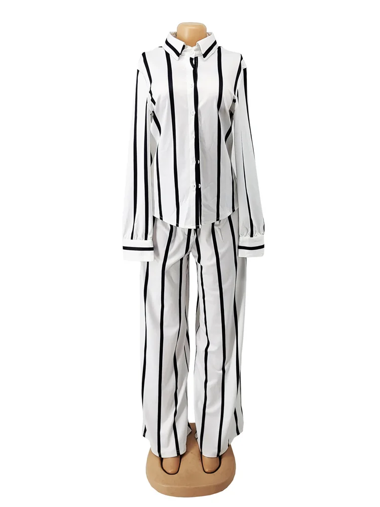 Wmstar Elegant Fashoin Striped Two Piece Set for Women Long Sleeve Shirt Top + Wide Leg Pants Suits Office Matching Sets Outfits