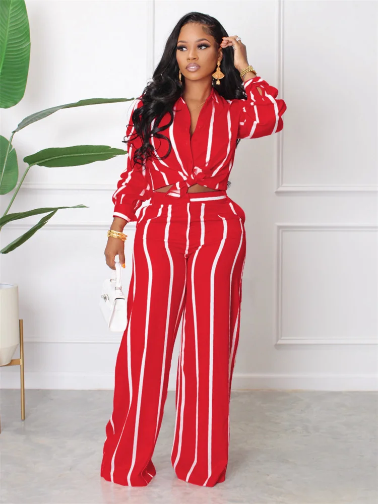 Wmstar Elegant Fashoin Striped Two Piece Set for Women Long Sleeve Shirt Top + Wide Leg Pants Suits Office Matching Sets Outfits