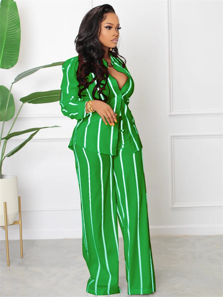 Wmstar Elegant Fashoin Striped Two Piece Set for Women Long Sleeve Shirt Top + Wide Leg Pants Suits Office Matching Sets Outfits