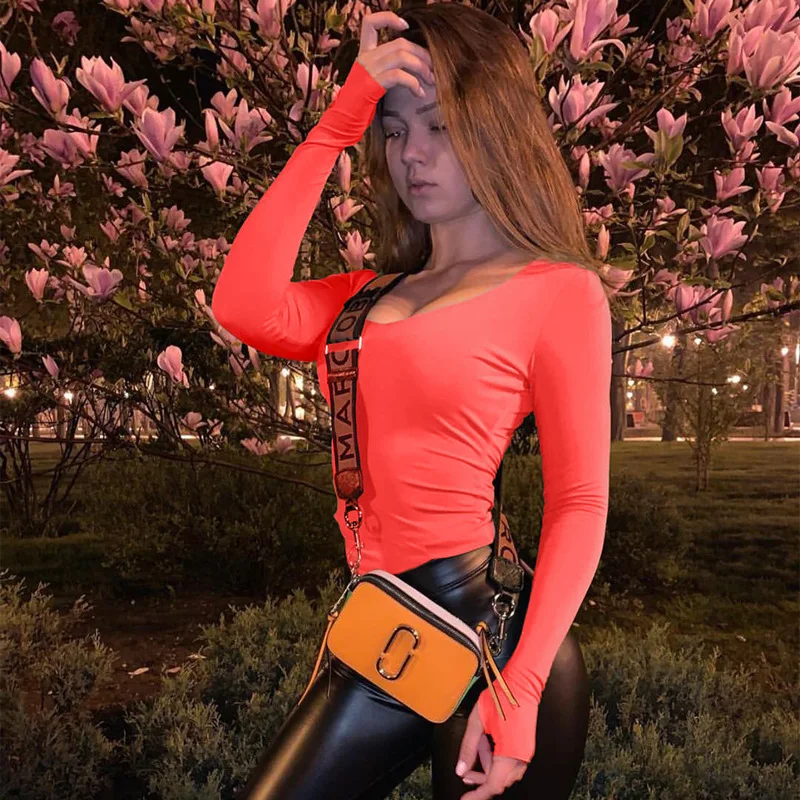 Orange Neon Bodysuit Women Long Sleeve Bodycon Sexy 2025 Autumn Winter Streetwear Club Party Outfits Casual Female Clothing