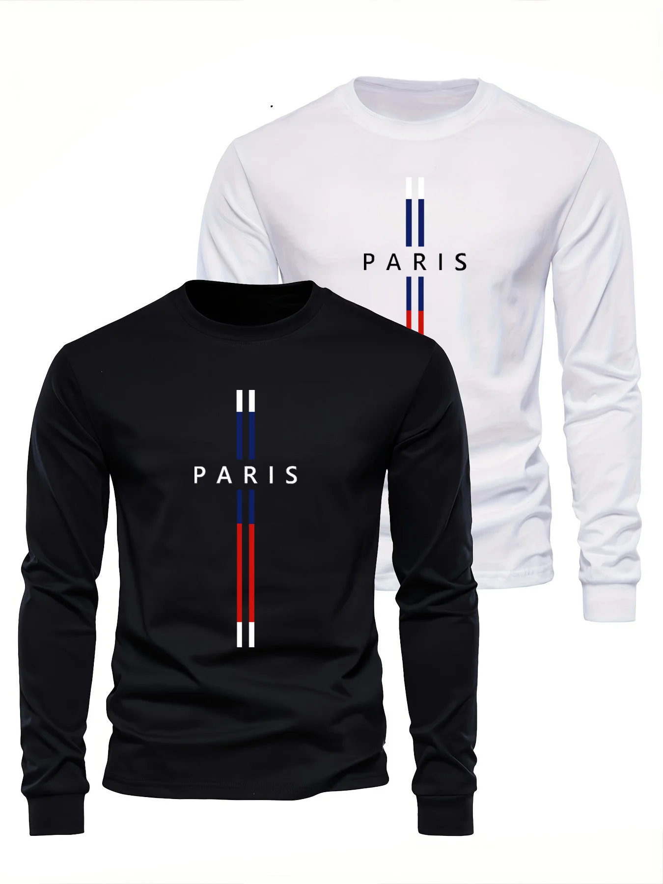 Men's 100% pure cotton loose fit comfortable sports and leisure Paris letter pattern printed round neck long sleeved T-shirt top