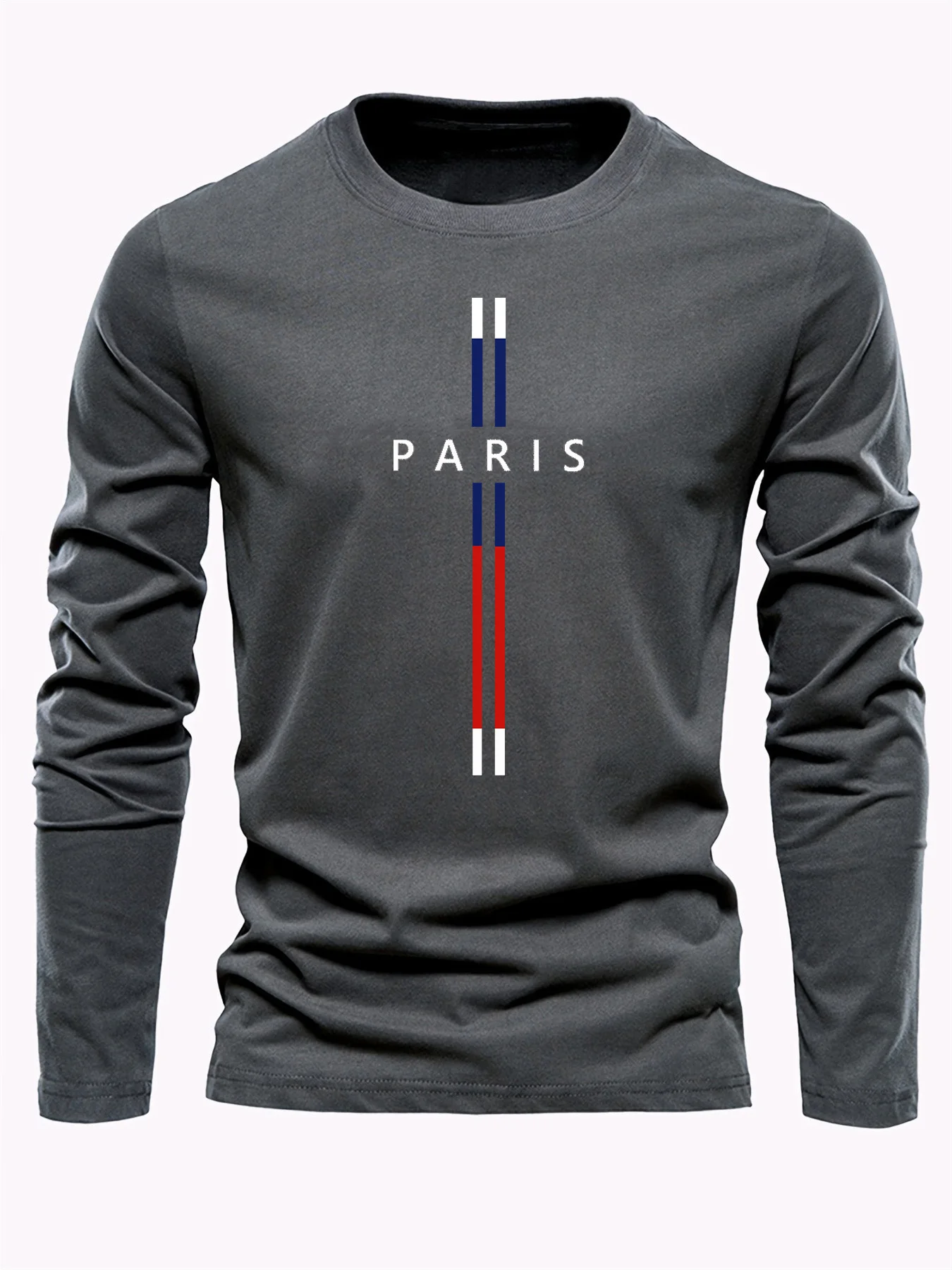 Men's 100% pure cotton loose fit comfortable sports and leisure Paris letter pattern printed round neck long sleeved T-shirt top