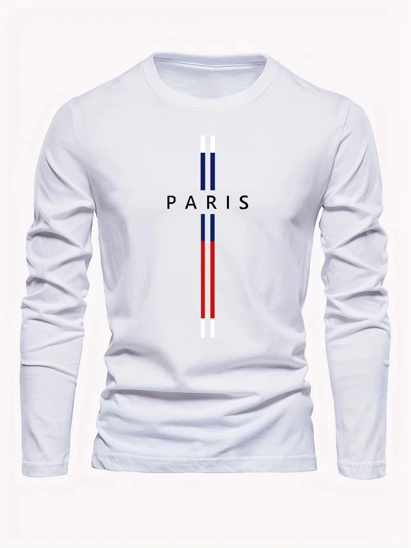 Men's 100% pure cotton loose fit comfortable sports and leisure Paris letter pattern printed round neck long sleeved T-shirt top